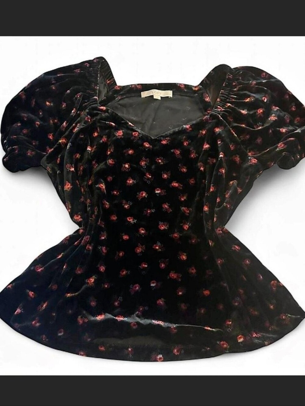 LOFT Black Red Floral Velvet Puff Sleeve Blouse Top Large Sweetheart Neckline